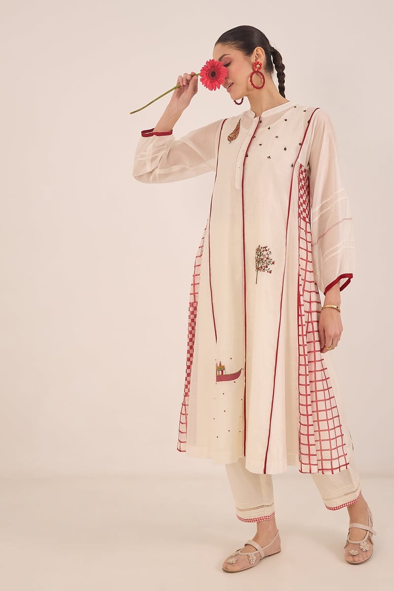 Ivory Chanderi Kali Kurta Set with Red Check Panels