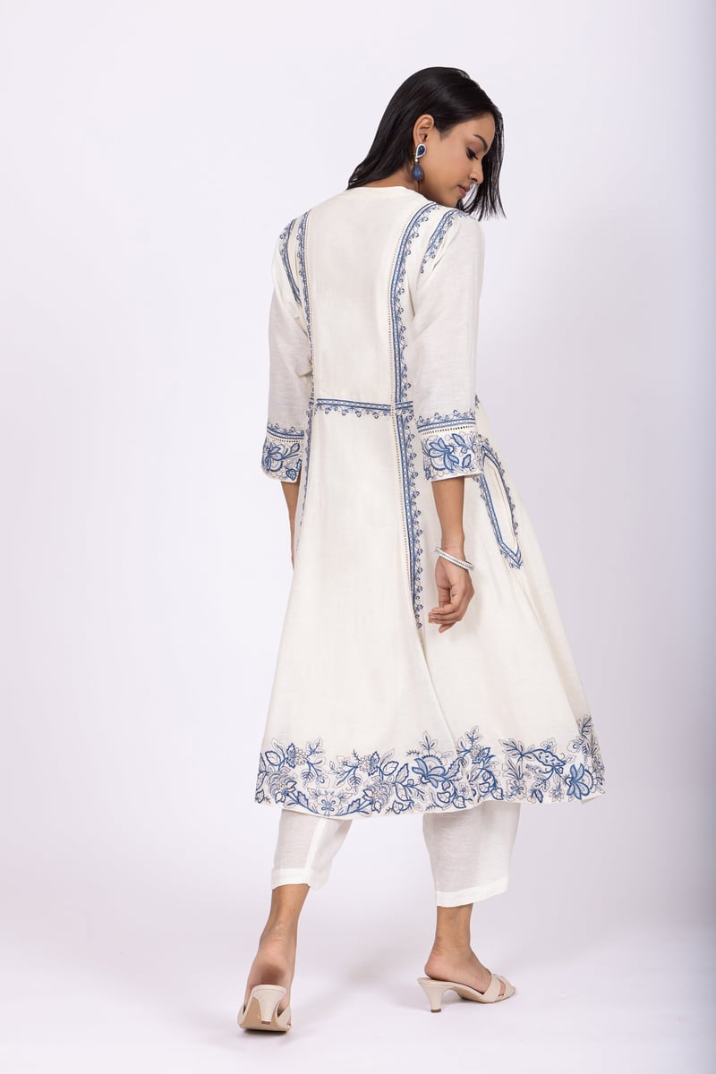 Ivory Linen A-Line Embroidered Kurta Set with Dupatta