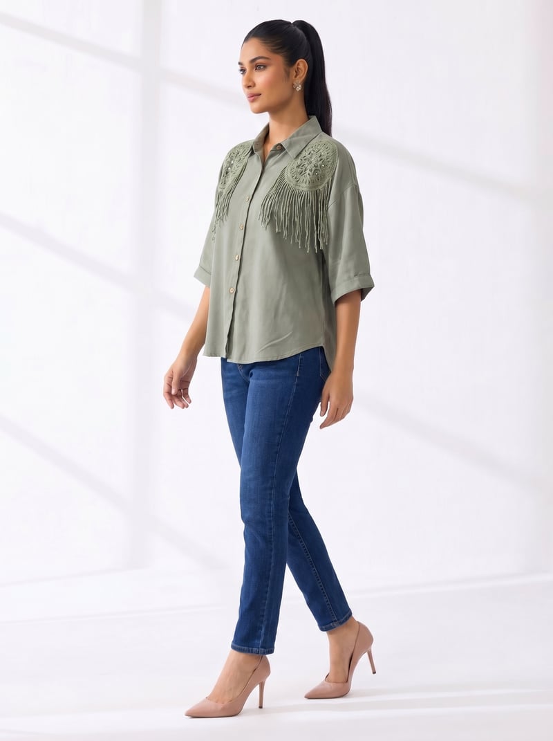 Green Boxy Shirt with Crochet Yoke and Fringe