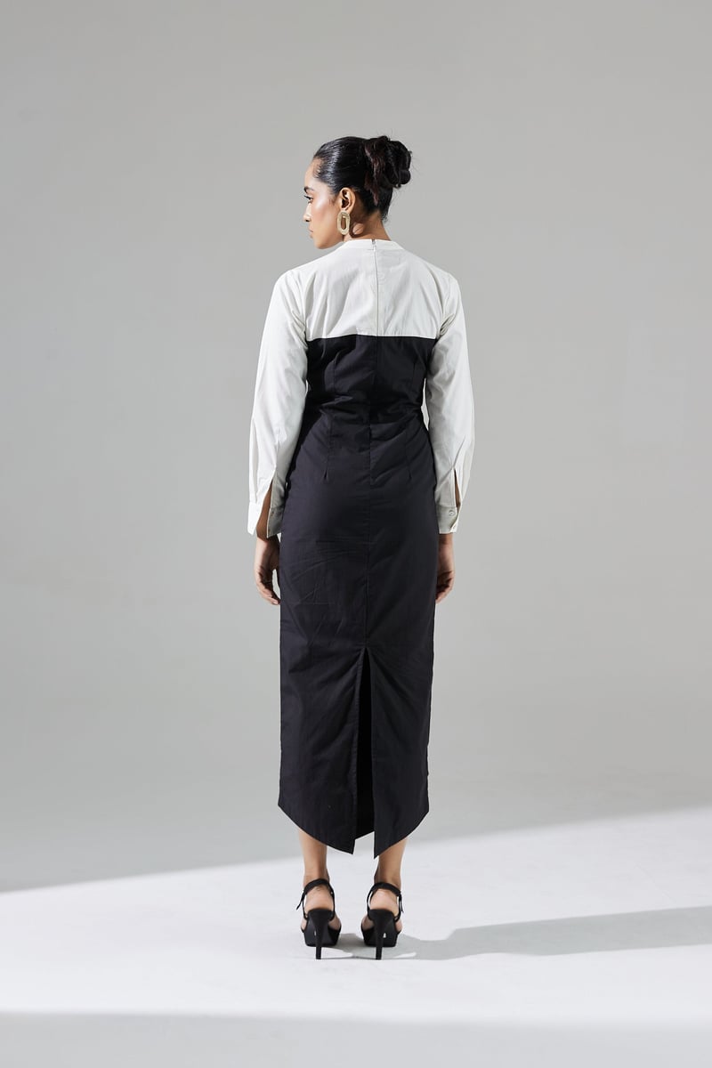 Black and White Colorblock Mandarin Collar Midi Dress