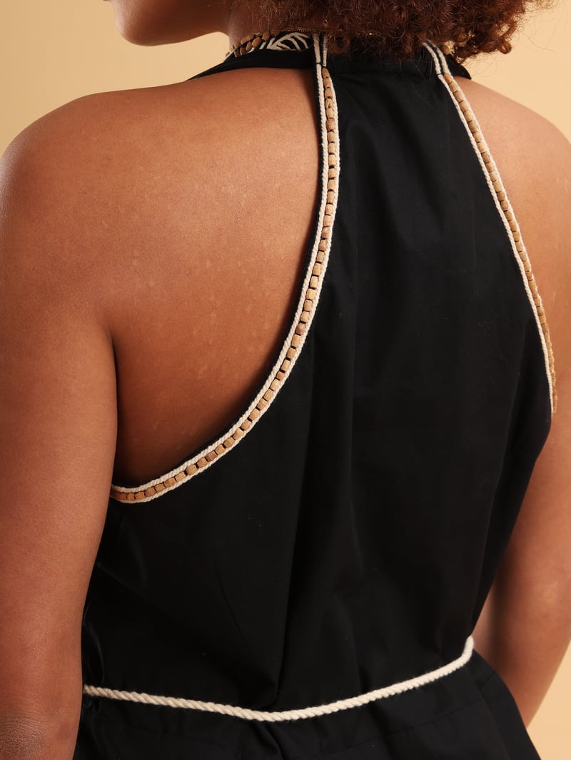 Black Halter Neck Embroidered Maxi Dress with Belt