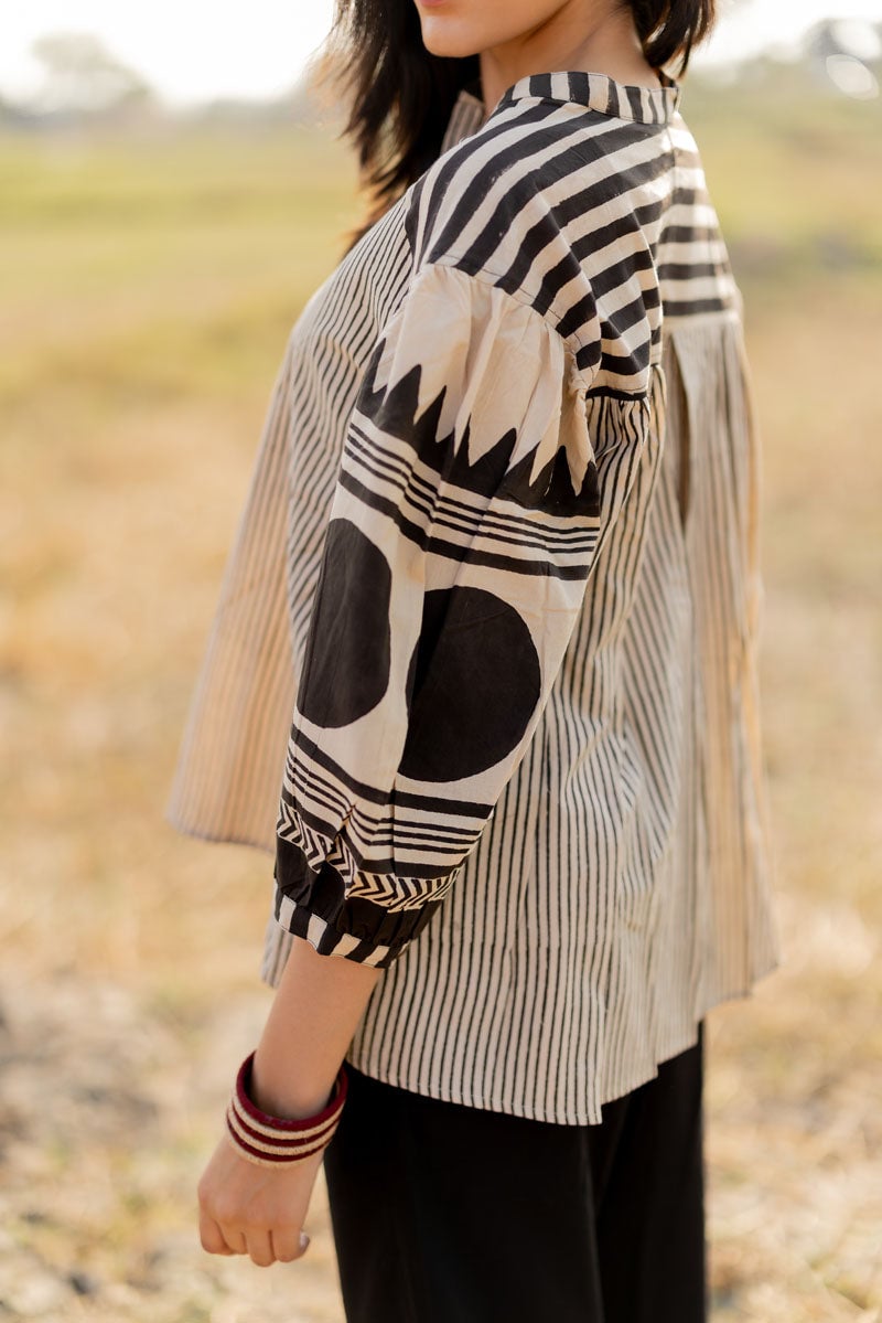 Black and Off-White Block Print Cotton Button-Down Top