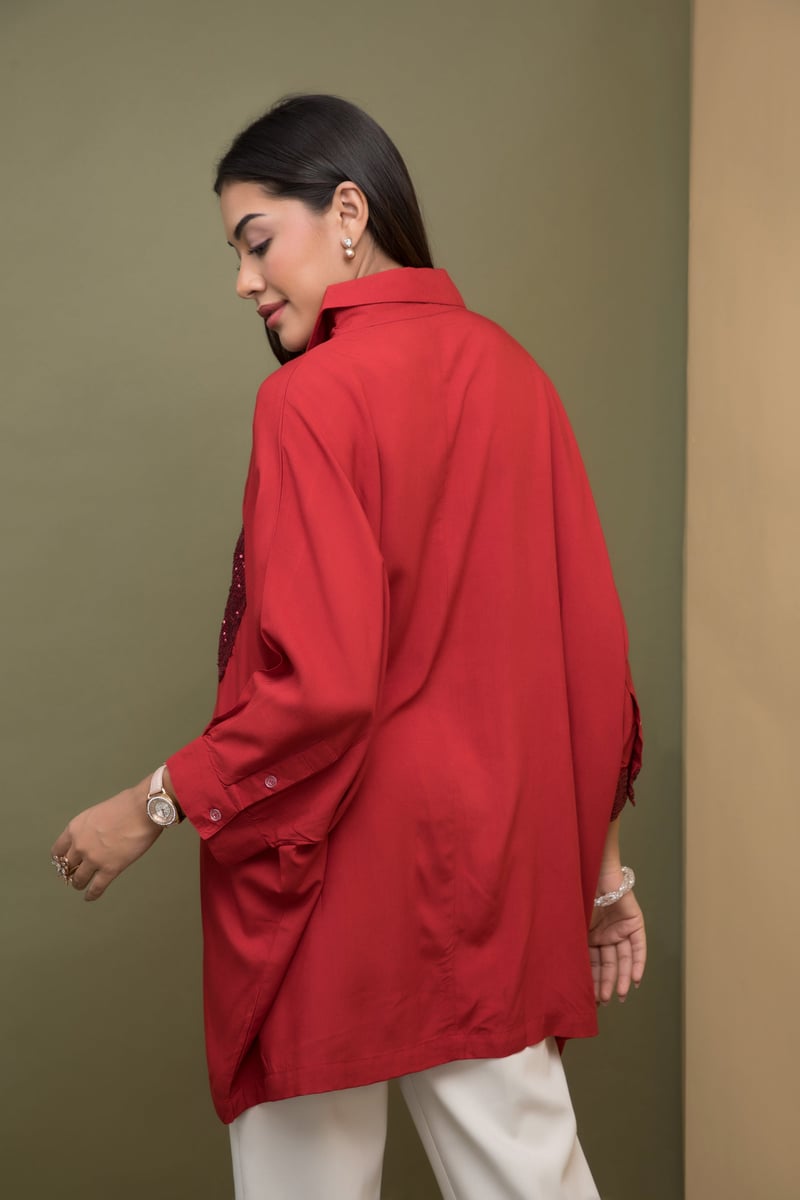 Ruby Red Kaftan-Fit Shirt with Sequin Pocket