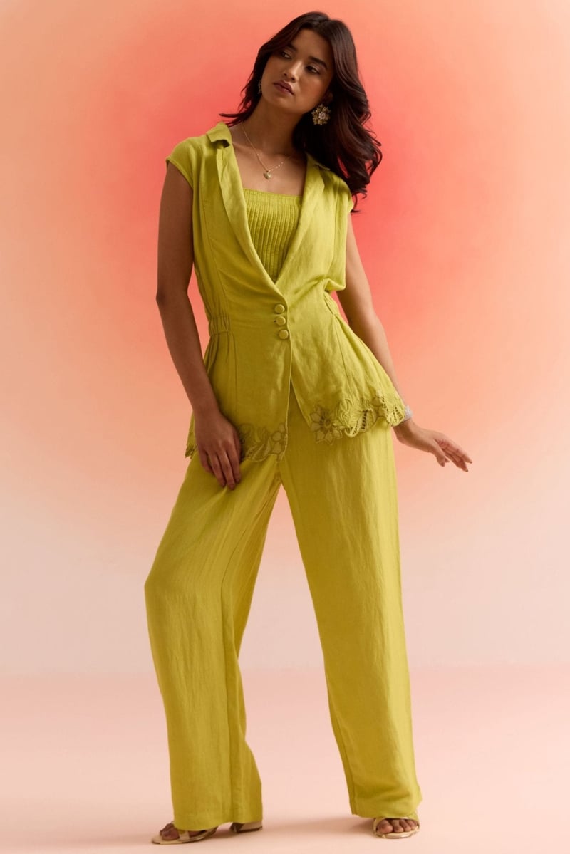 Lime Green Sleeveless Tailored Jacket With Cutwork Hem