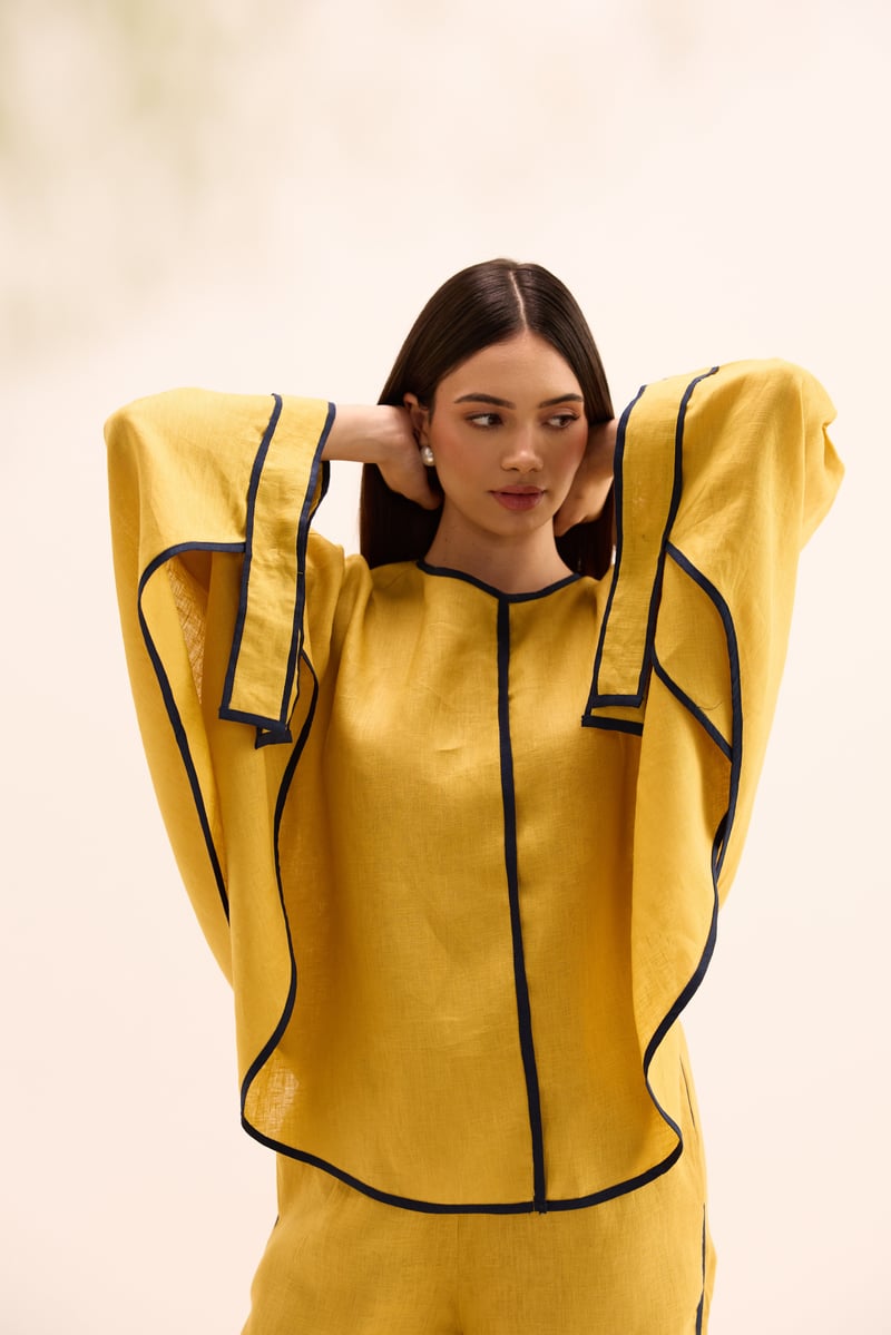Ochre Linen Cape Top and Wide-Leg Pants Co-ord Set