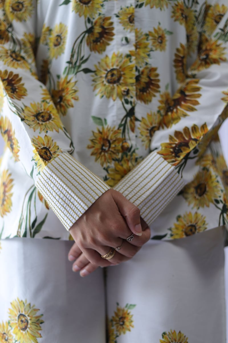 White Cotton Poplin Sunflower Print Shirt