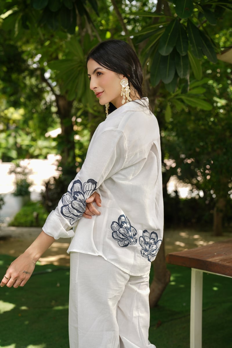 Ivory Linen Embroidered Relaxed-Fit Shirt