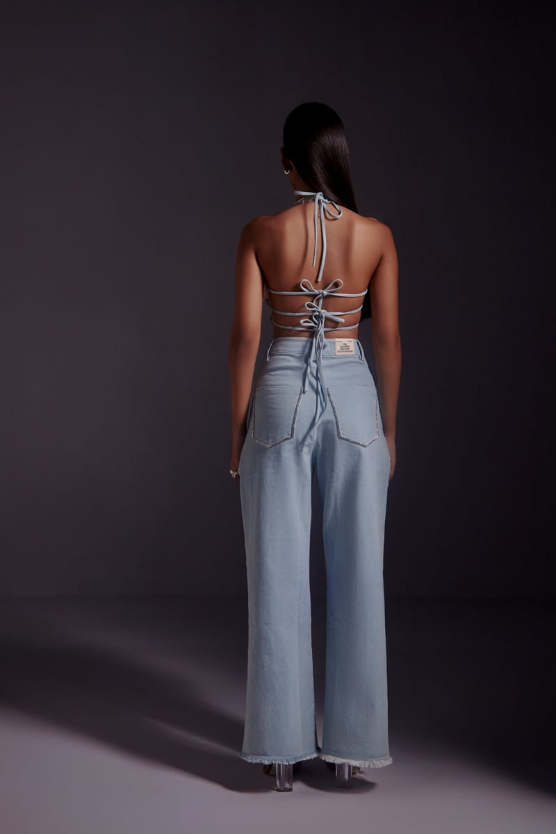 Blue Wide-Leg High-Waist Jeans with Rhinestone Side Slit