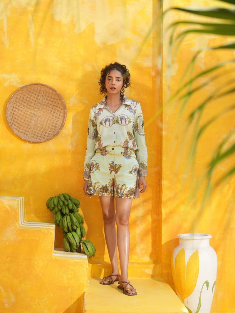 Cool Mint Tropical Printed Cotton Button-Down Shirt