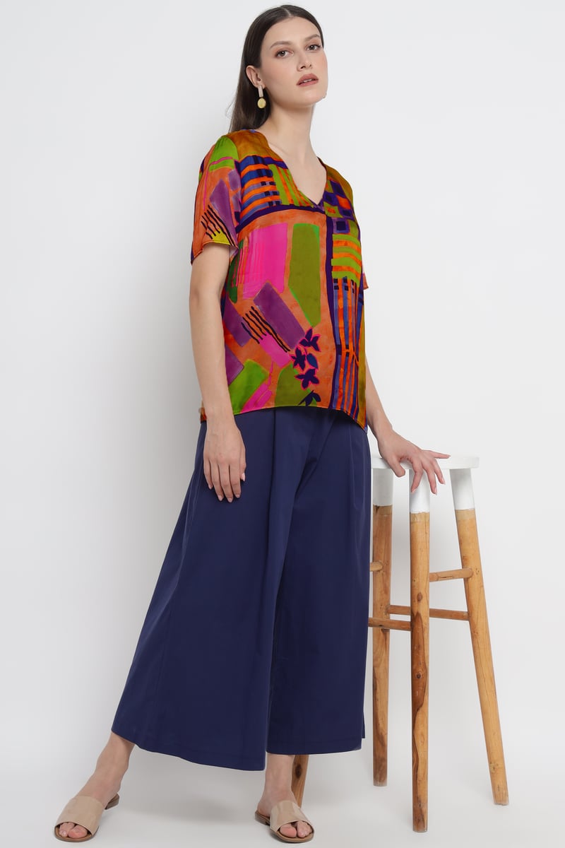 Multicolor Abstract Printed V-Neck Viscose Top