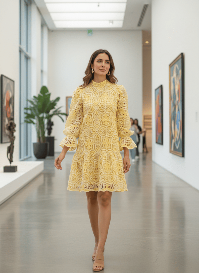 Yellow Cutwork High Neck Mini Dress — DODO & MOA