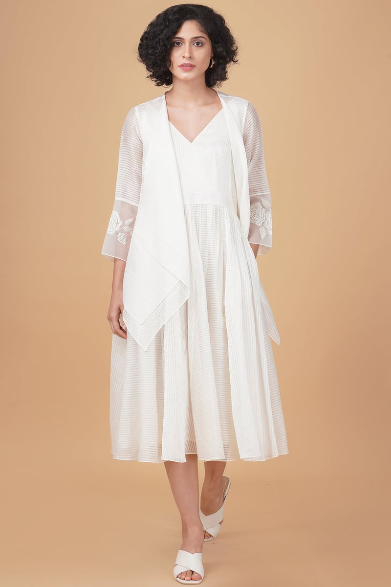 Ivory Stripe Organza Midi Dress and Draped Jacket Set