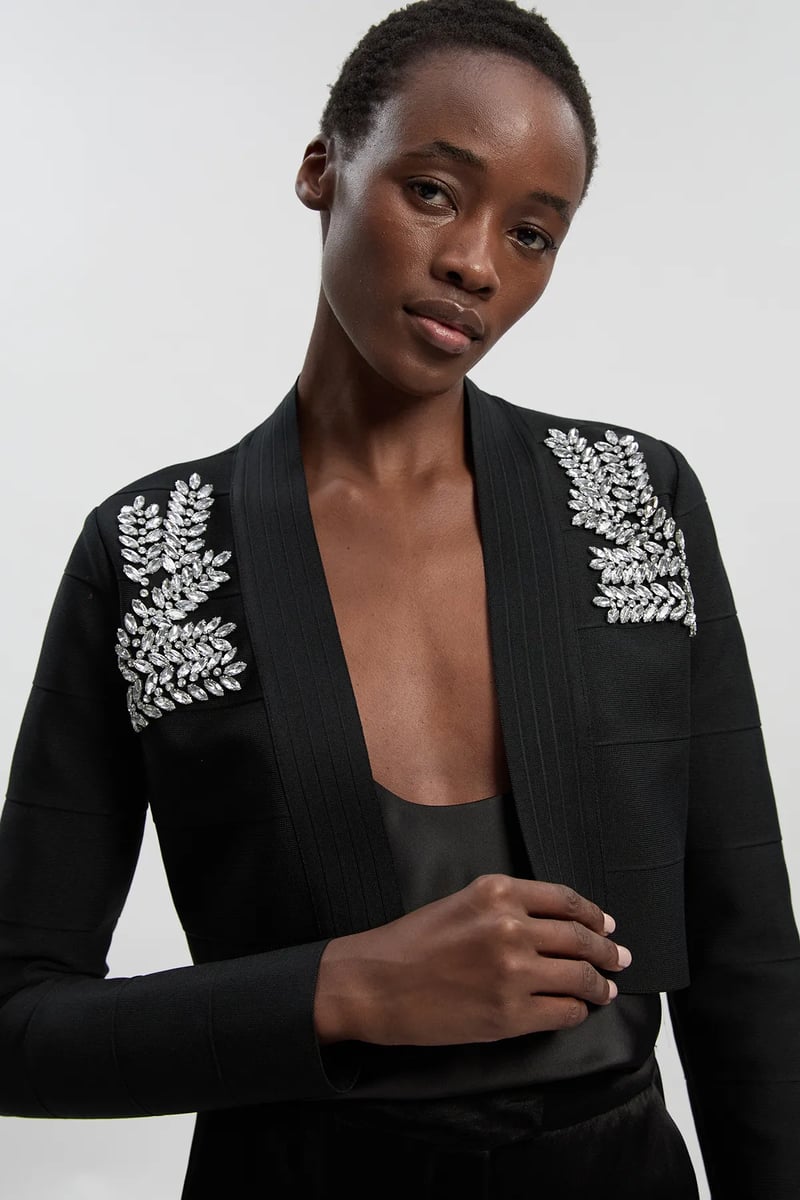 Black Cropped Lapel Jacket with Crystal Shoulder Embellishment