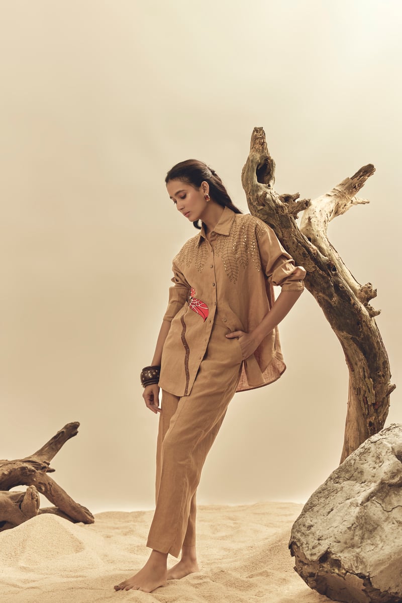 Camel Linen High-Rise Straight-Leg Trousers