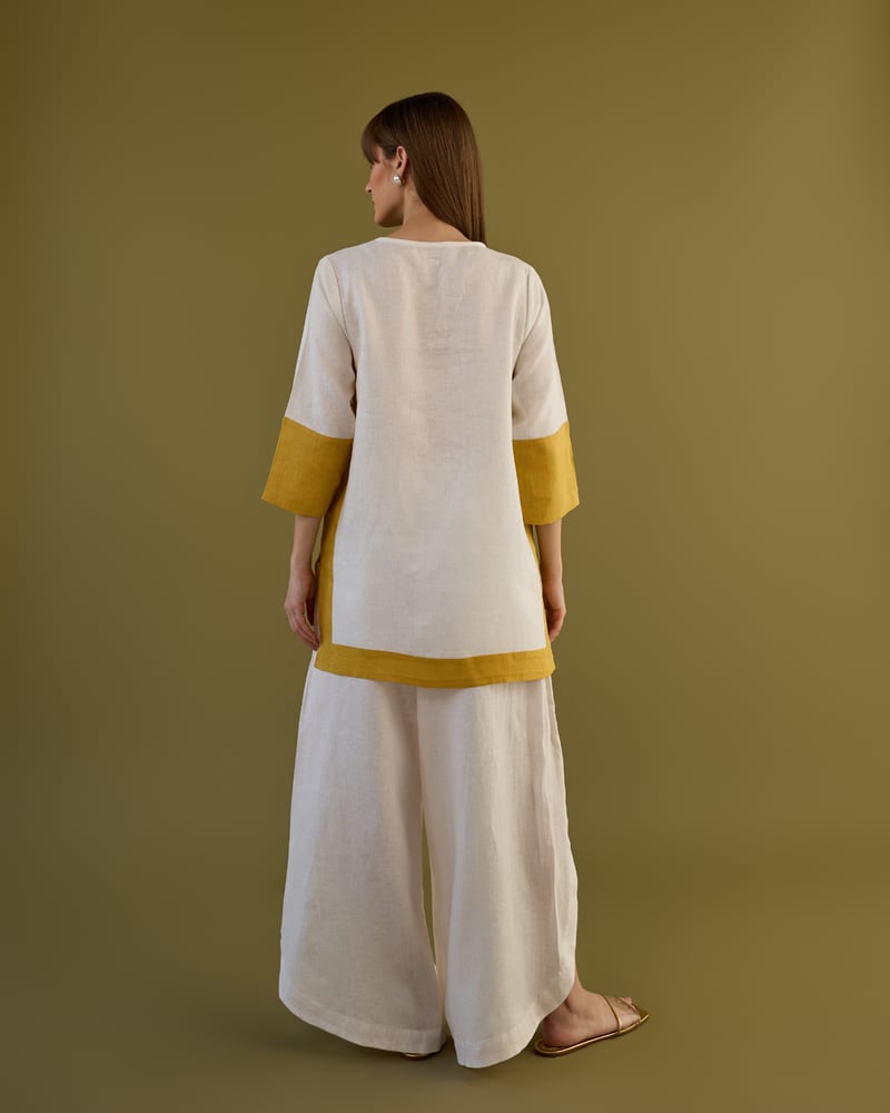 White and Ochre Linen Tunic and Tulip Pants Co-ord Set