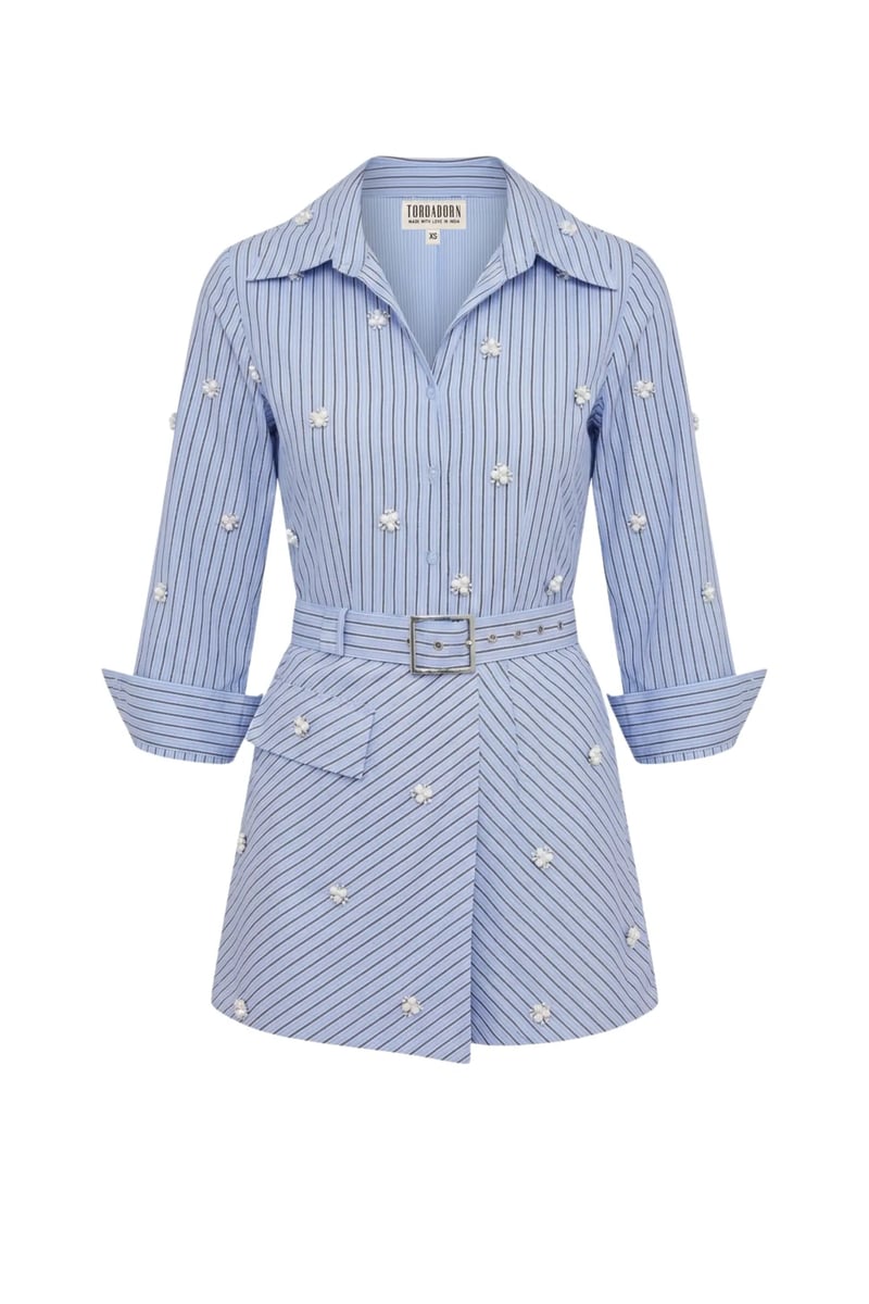 Blue Striped Pearl Embellished Shirt Romper with Belt