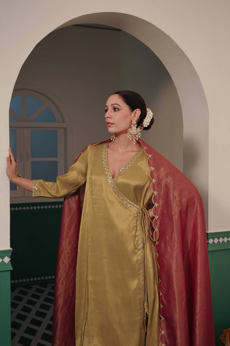 Meadow Green Tissue Angrakha Kurta Set with Narrow Pants