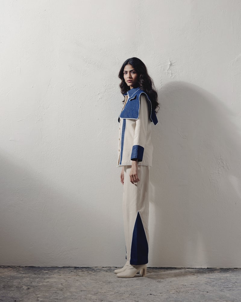 Blue and White Colorblocked Denim Shirt with Shoulder Flap