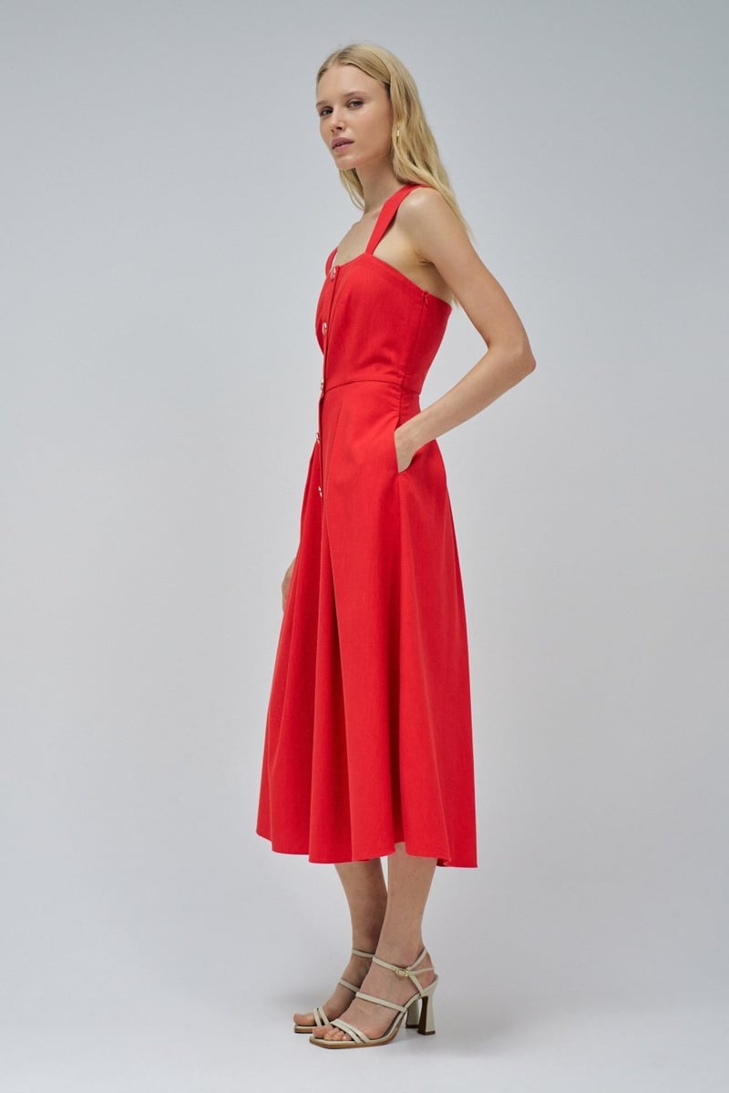 Red Fit and Flare Midi Dress with Button Front