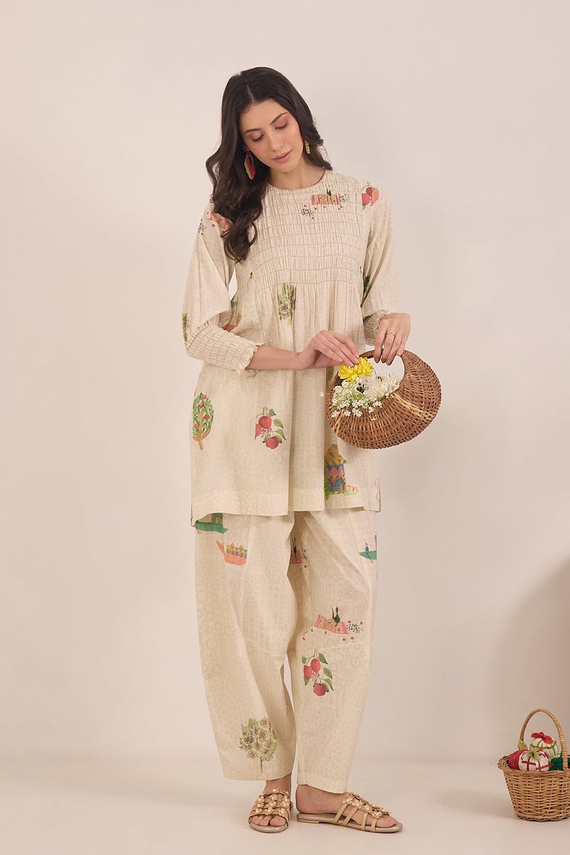 Cream Printed Cotton Tunic and Straight Pants Co-ord Set