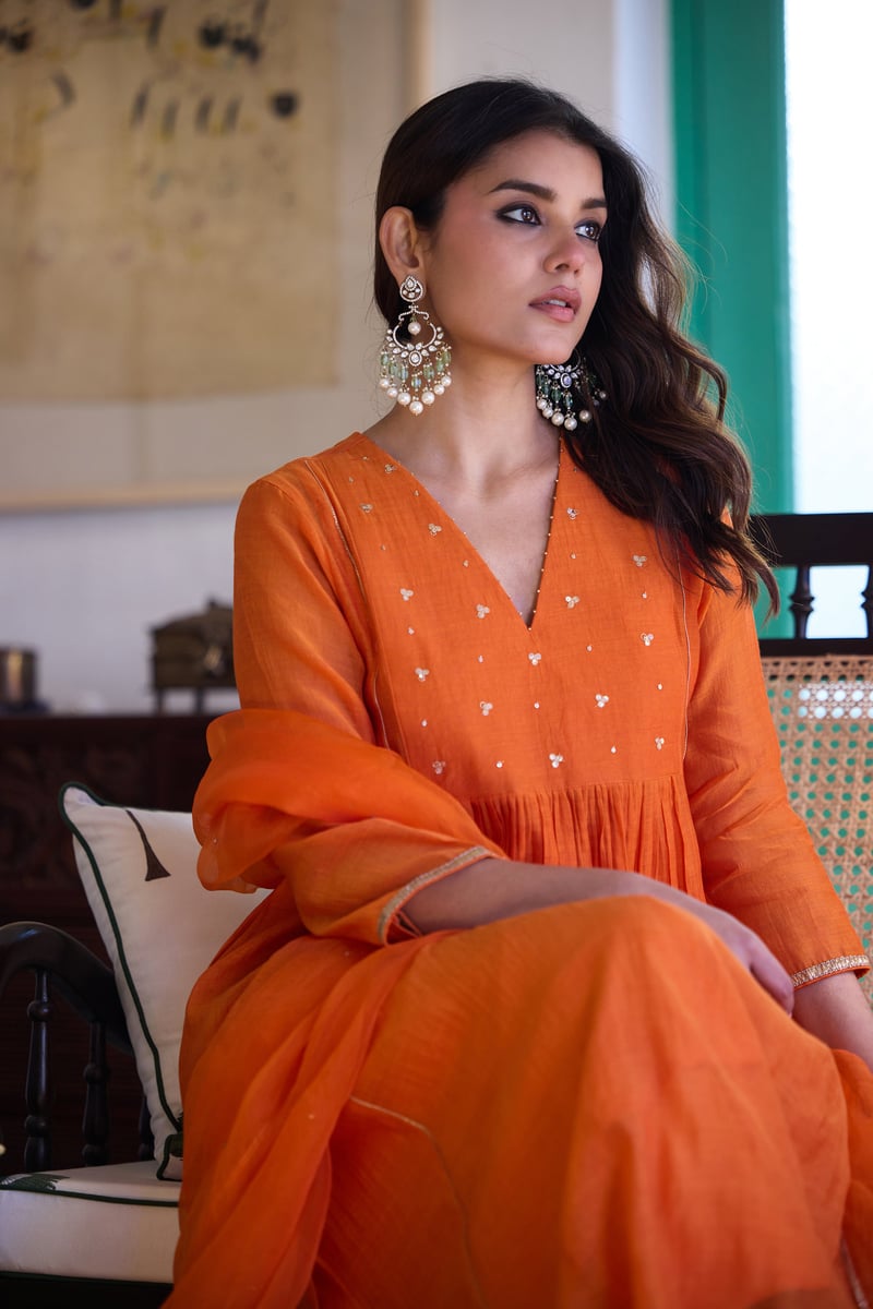 Orange Silk Chanderi Embroidered A-Line Kurta Set