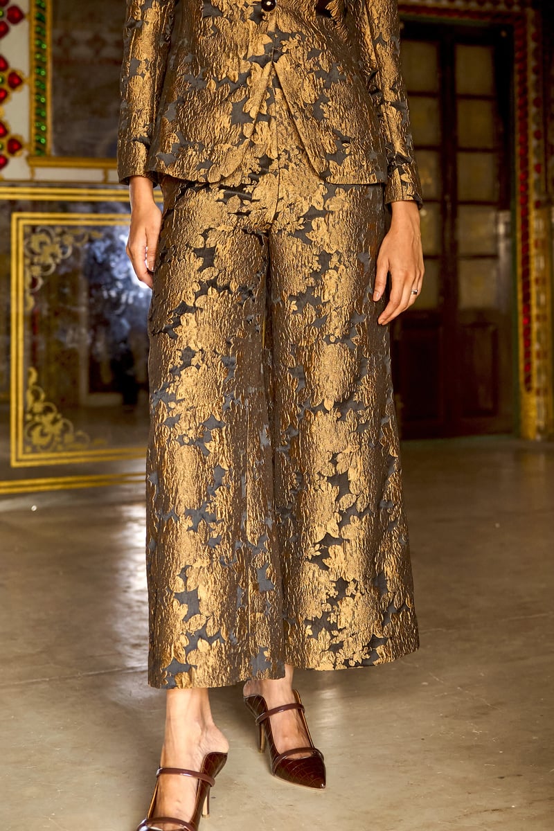 Gold/Black Floral Brocade High-Waist Wide-Leg Trousers