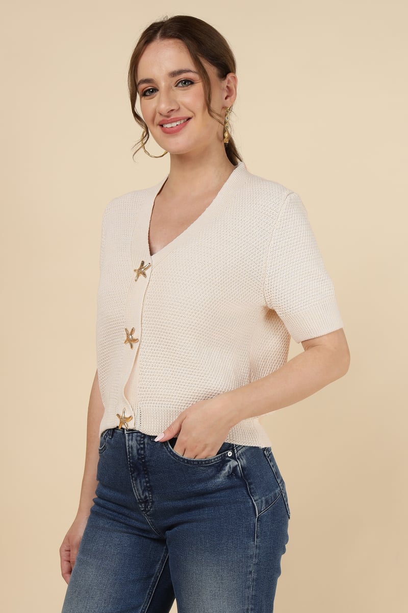 Beige V-Neck Cropped Button-Front Knit Cardigan
