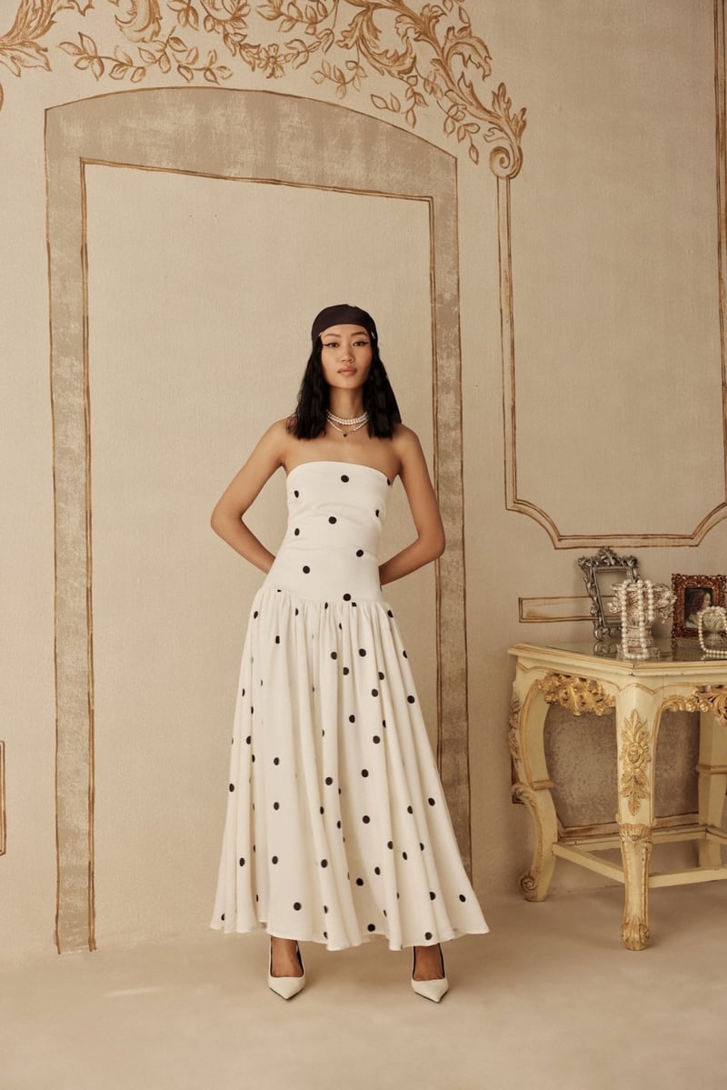 Ivory Polka Dot Strapless Tiered Midi Dress