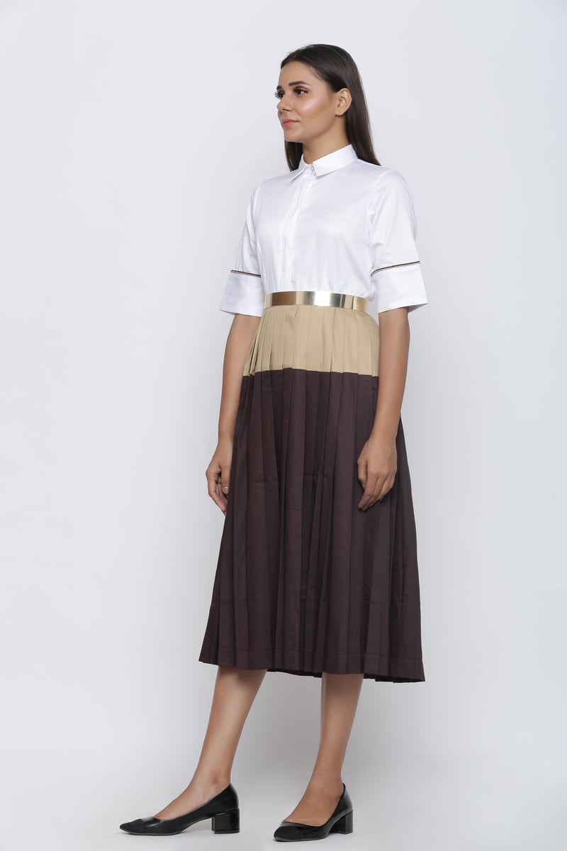 Colorblock Pleated Midi Shirt Dress