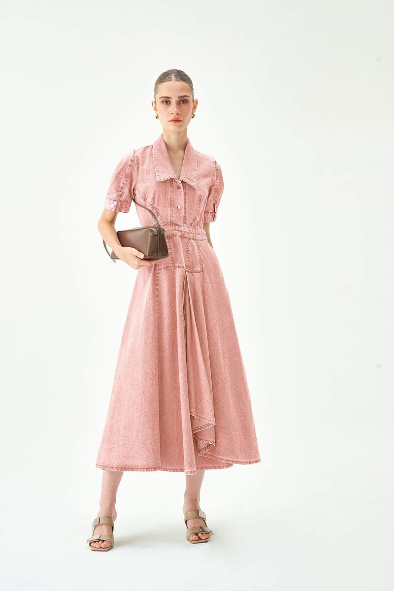 Pink Denim Collared Button-Front A-Line Midi Dress — NOTEBOOK