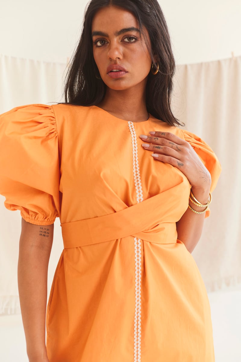 Orange Poplin Mini Dress with Puff Sleeves and Waist Tie