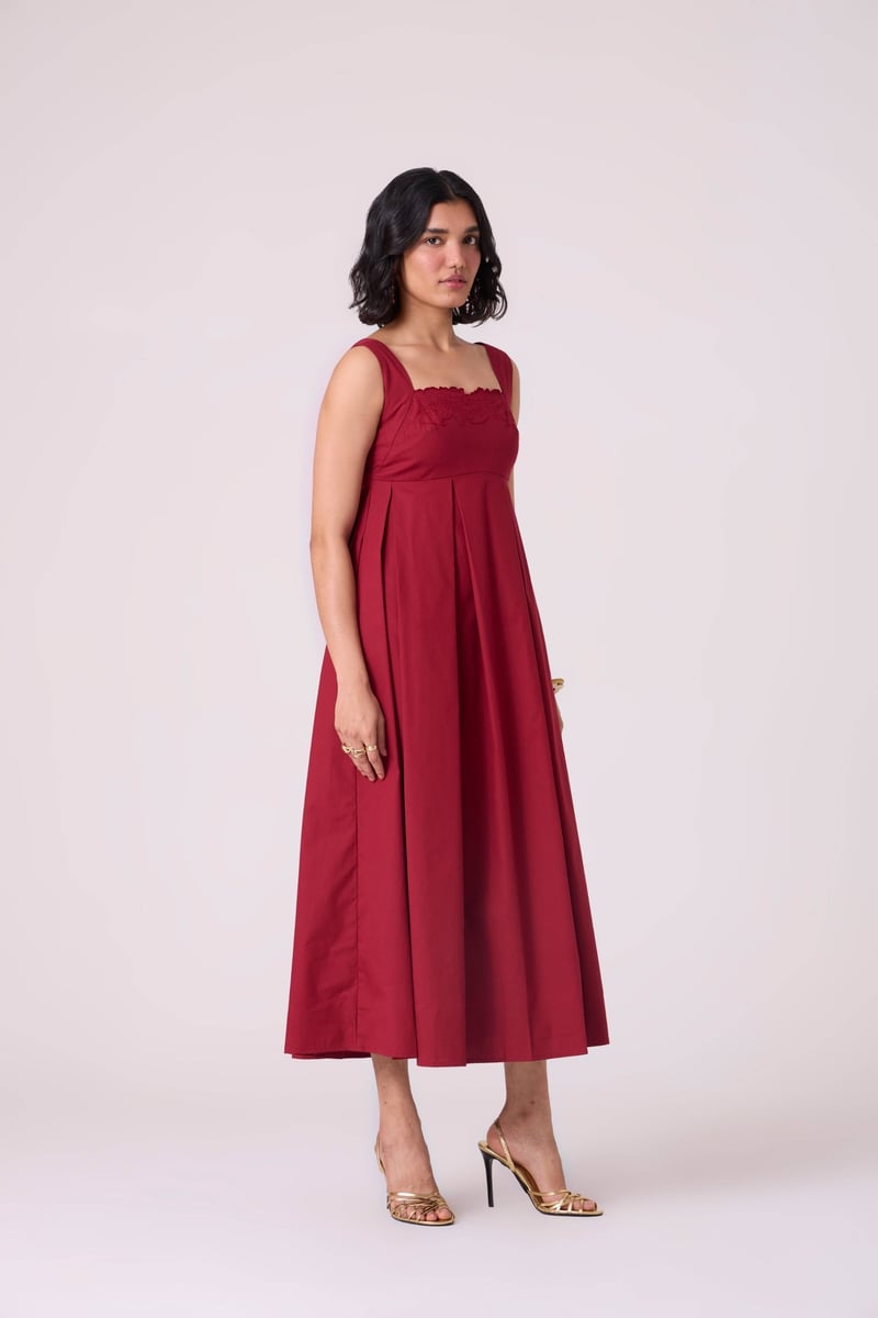 Wine Red Embroidered Neckline Fit and Flare Midi Dress