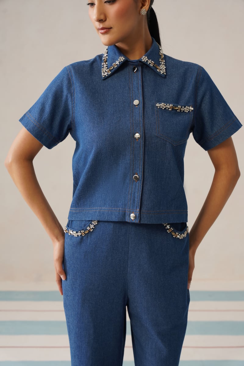 Blue Denim Embellished Collar Co-ord Set