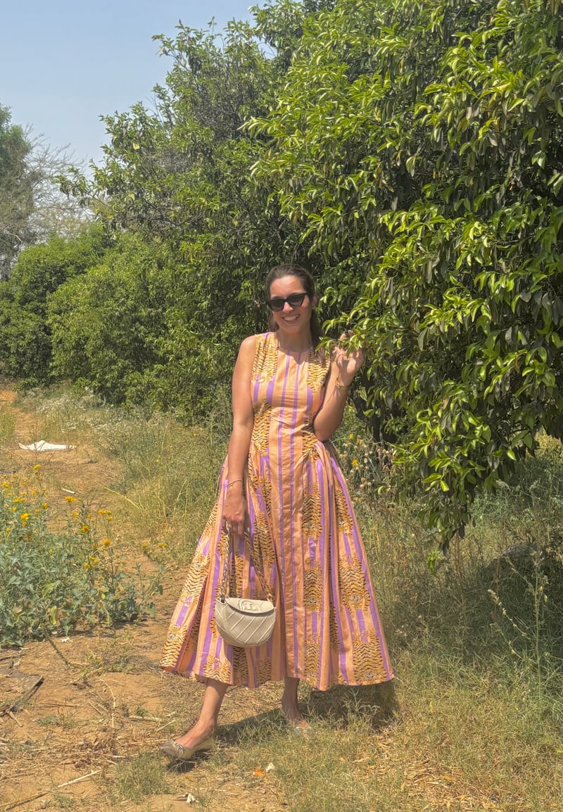 Peach Printed Empire Waist Fit and Flare Midi Dress