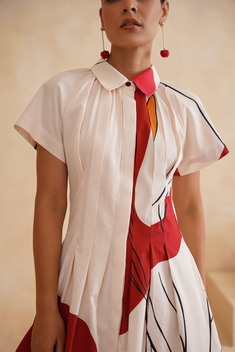 White/Red Abstract Print Mini Shirt Dress