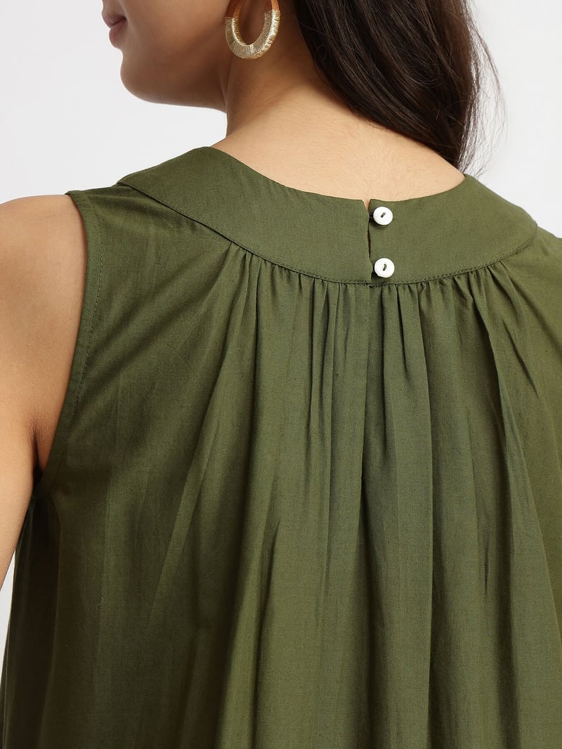 Olive Cotton Floral Placement Print A-Line Midi Dress