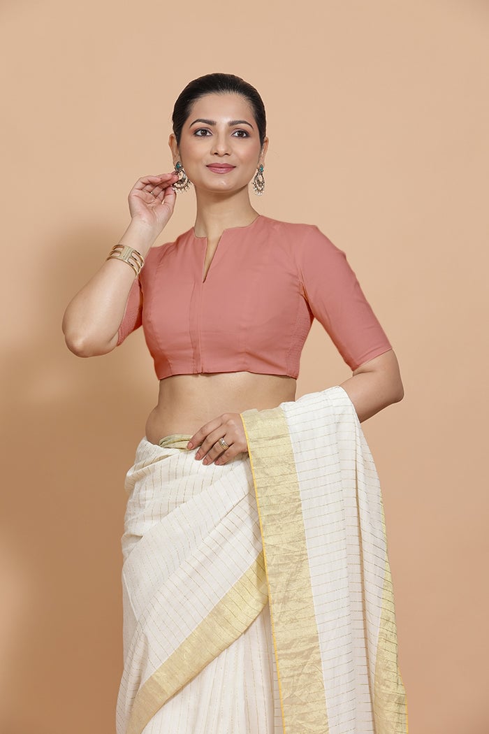 Soft Peach Cotton Round Neck Elbow Sleeve Saree Blouse