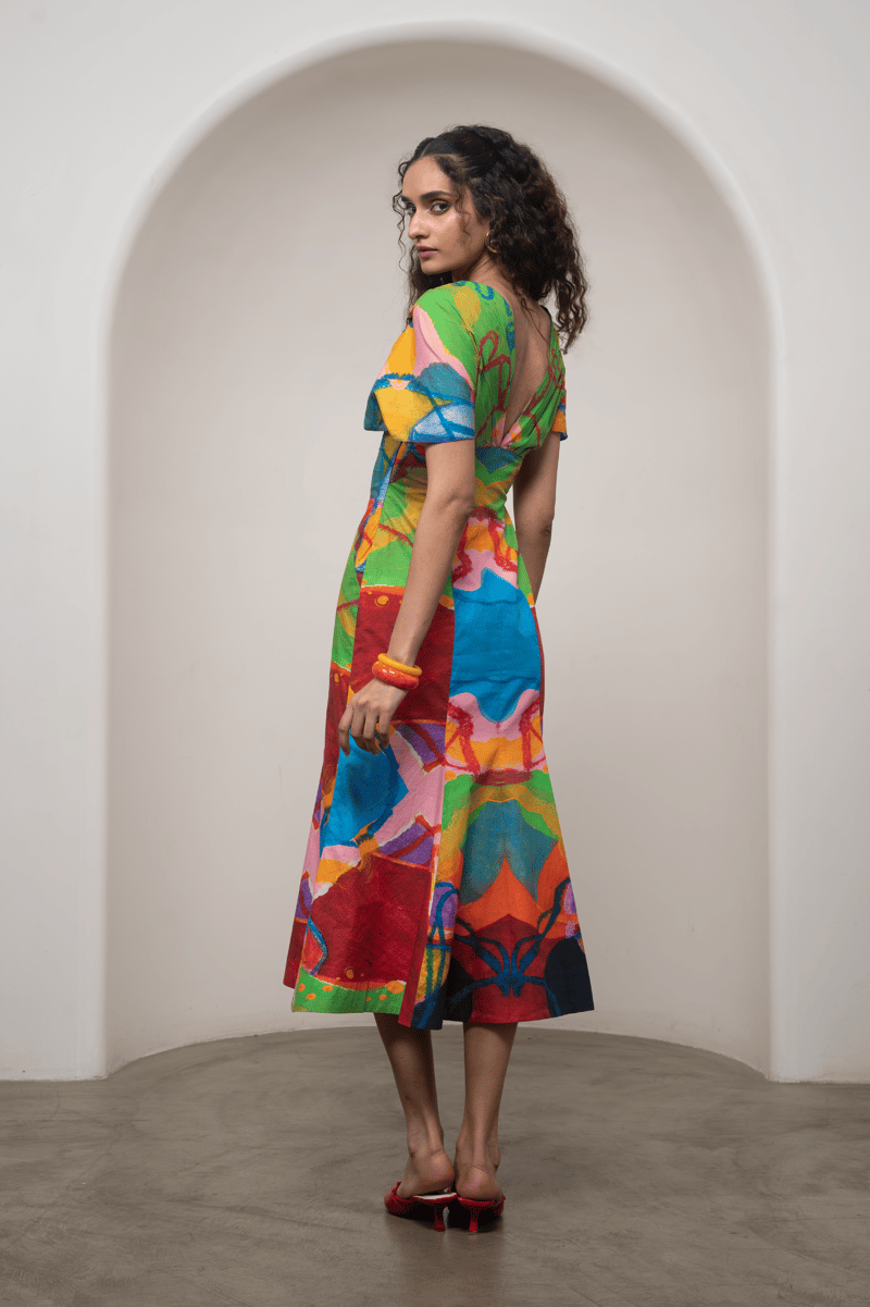 Multicolor Abstract Printed Poplin Fit and Flare Midi Dress