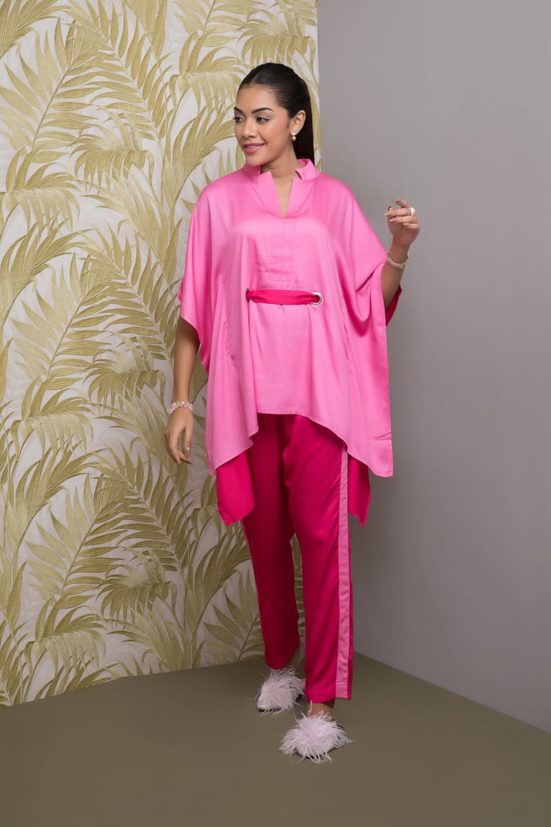 Pink Colorblocked Kaftan Top and Straight Pants Co-ord Set