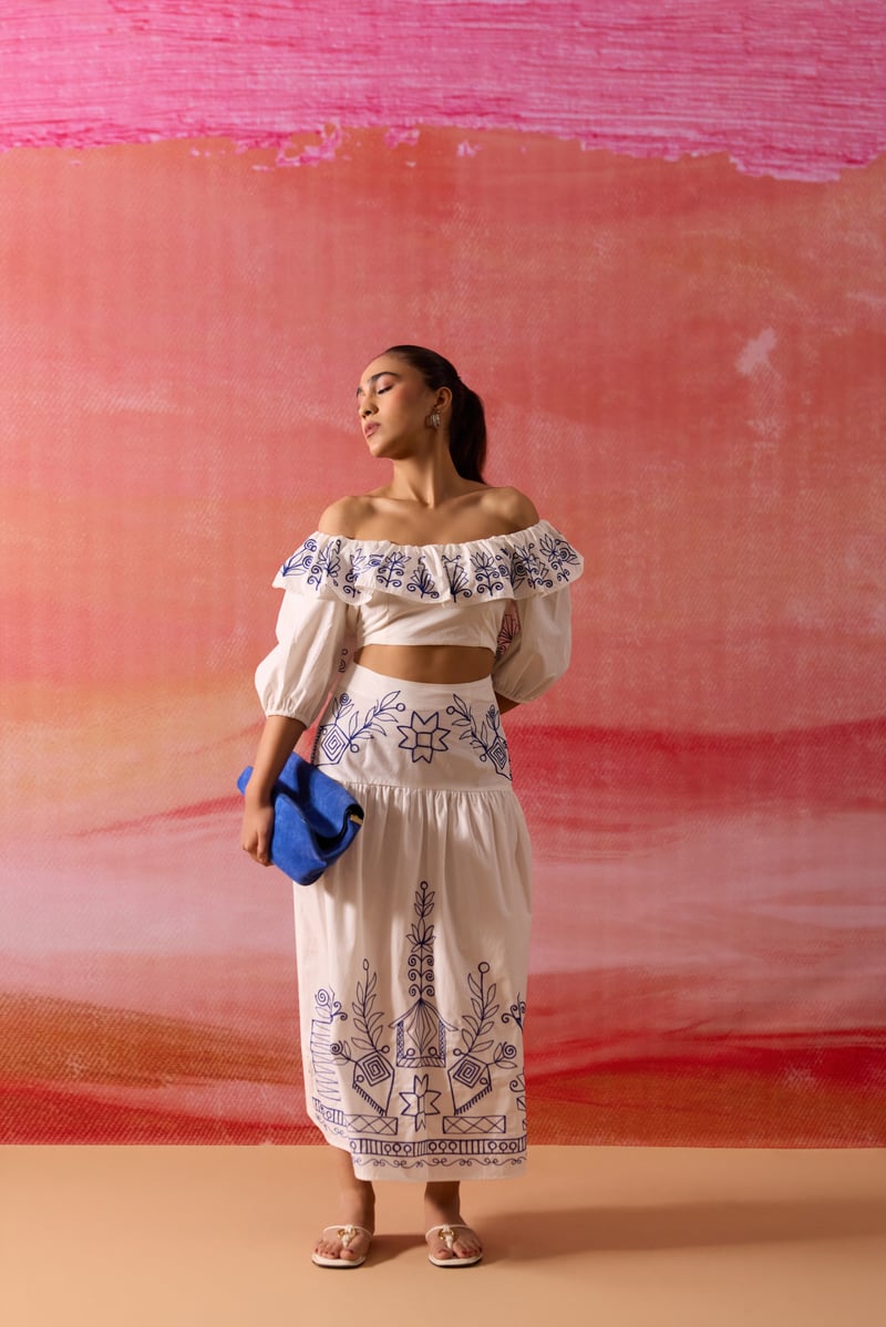 White and Blue Embroidered Off-Shoulder Co-ord Set