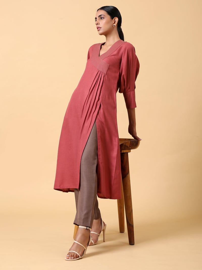 Rust Red Cotton Linen Straight Kurta Pant Set