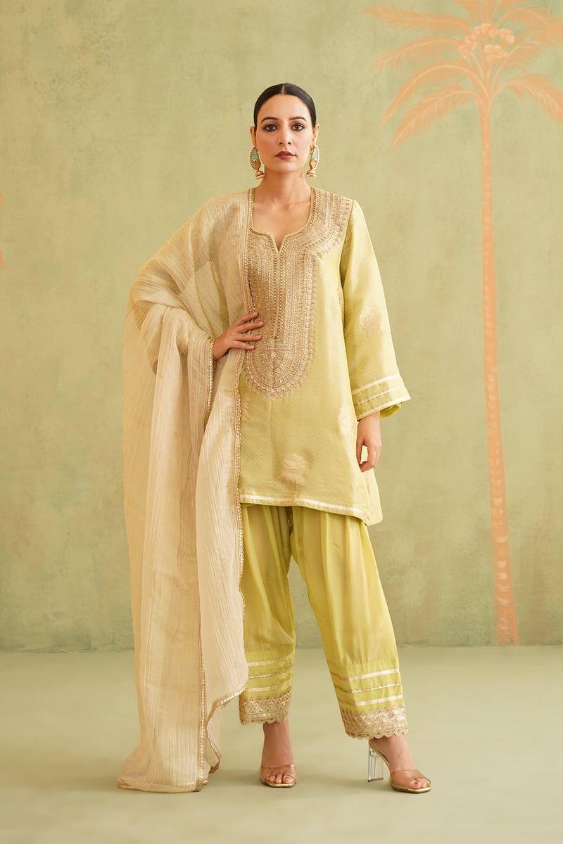 Green Brocade Embroidered Kurta Set with Dupatta — NEETIKA CHOPRA