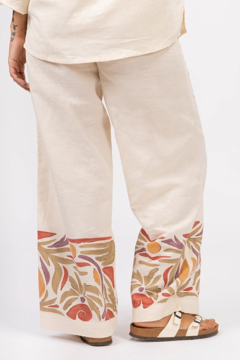 Off-White Cotton-Linen Wide-Leg Trousers with Painted Hem