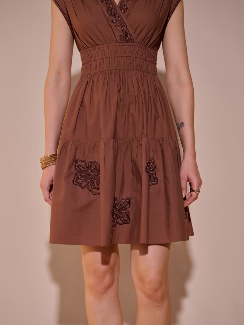 Brown Cotton Embroidered Fit and Flare Mini Dress