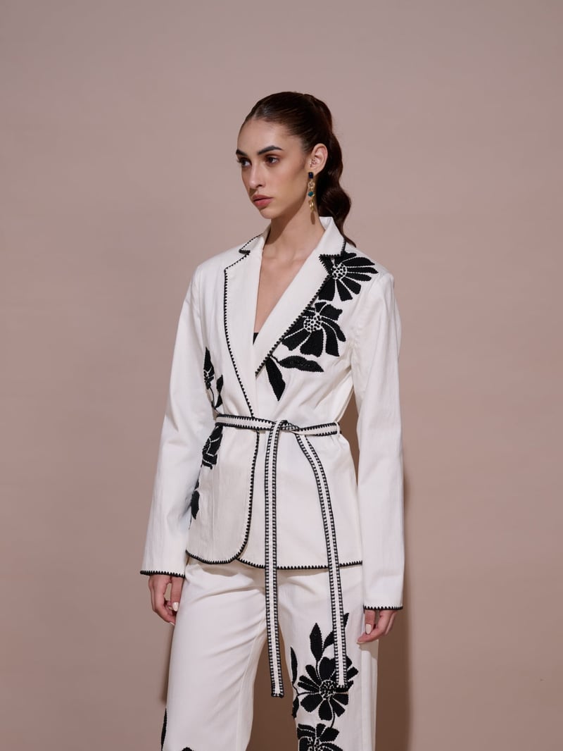 White Belted Embroidered Tailored Blazer
