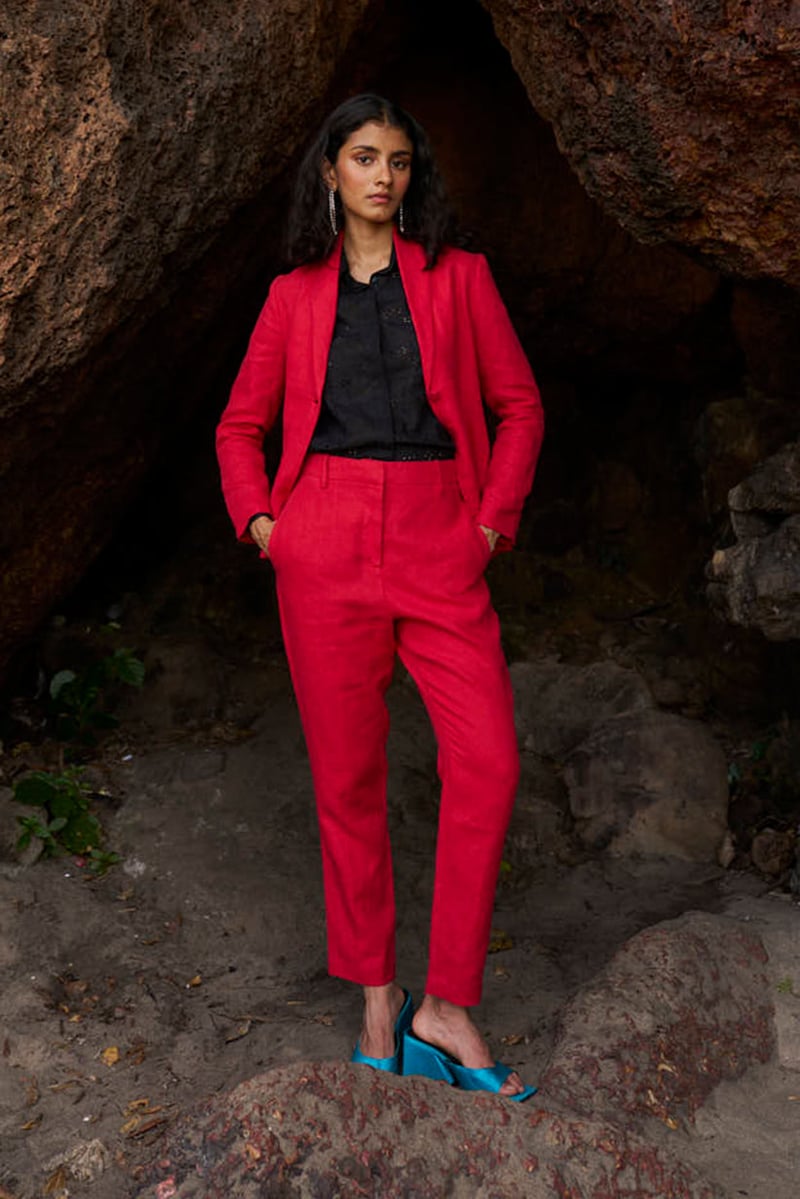 Red Linen Shawl Lapel Single-Button Tailored Blazer