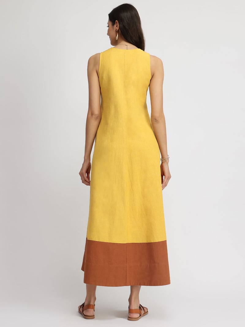 Yellow & Rust Colorblock A-Line Maxi Dress