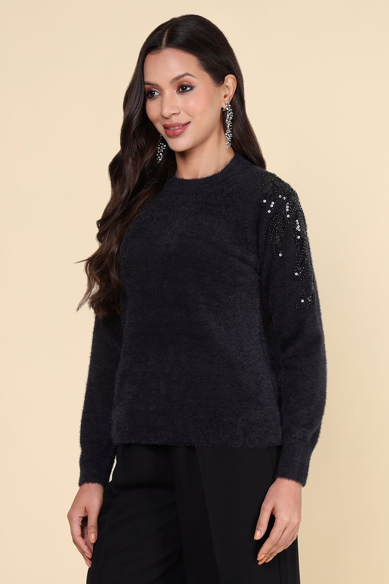 Black Embellished Shoulder Pullover Sweater