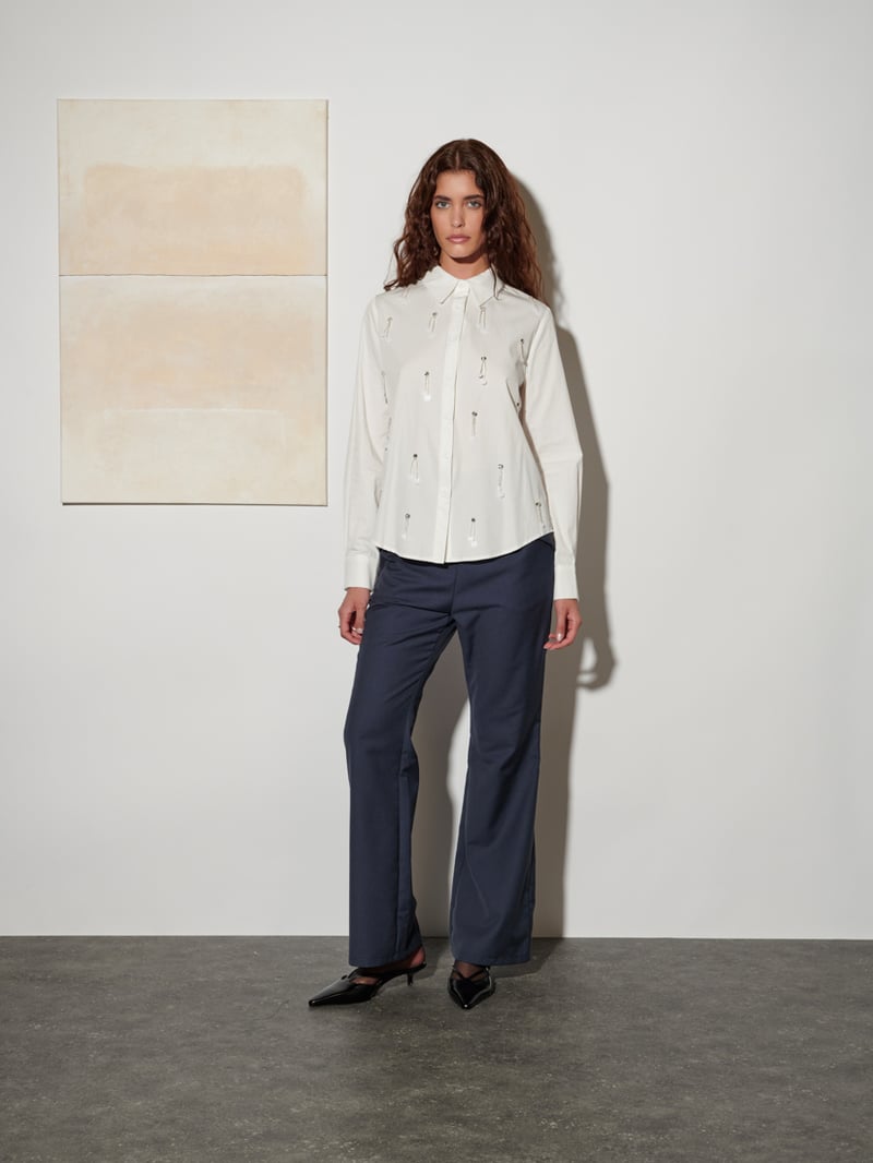 Ivory Embellished Button-Down Shirt with Full Sleeves