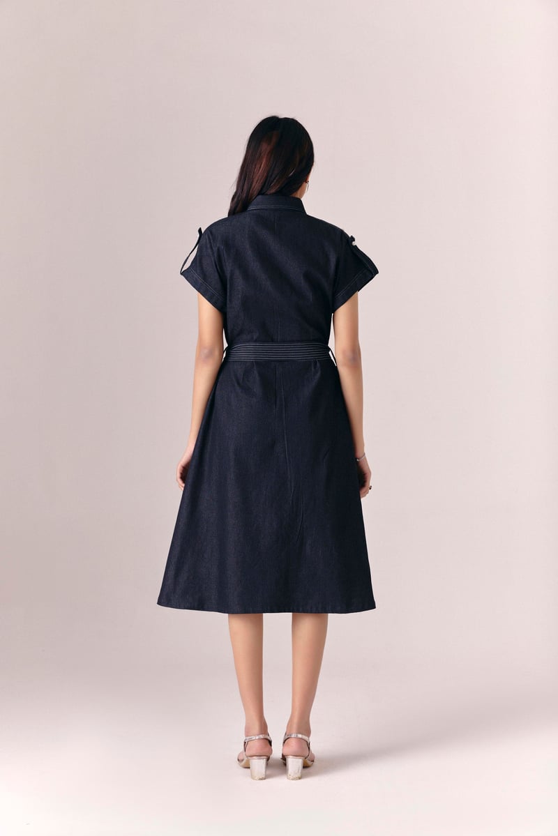 Black Denim Fit and Flare Midi Dress with Pearl Detail